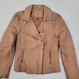 Max Studio Jacket Brown Faux Leather Moto Zip-Up Distressed Women's Size L